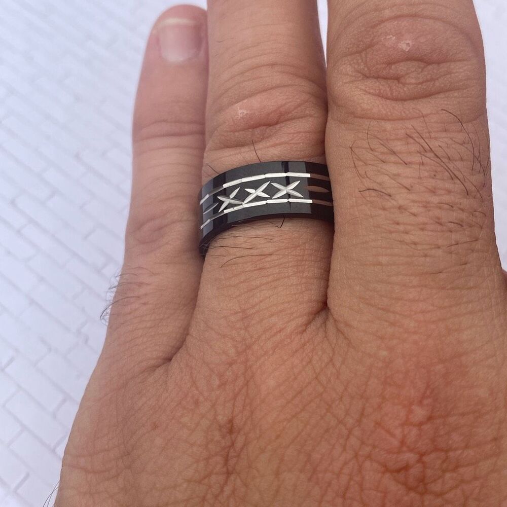 Men’s Black Stainless Steel Ring Size 11 Silver Inlay Band Modern